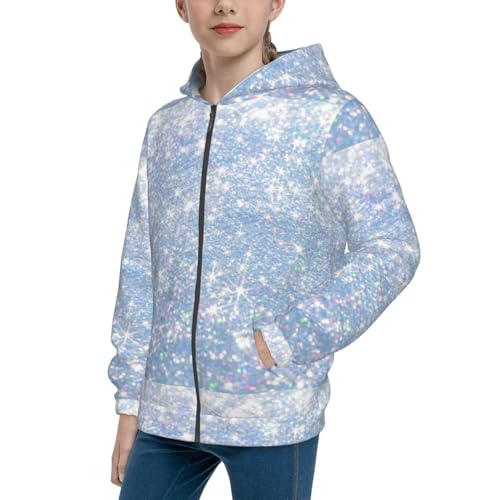 White Bule Glitter Kid Hoodies Boys Zip Up Sweatshirts Girls Pullover with Pocket