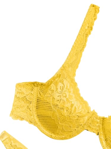 Image of Lilosy Sexy Floral Lace Scallop Underwire Push Up Sheer Lingerie Set Outfits