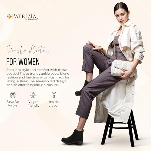 PATRIZIA Smylie Chelsea Inspired Slip On Ankle Boots for Women | Low Heel Booties for Women with Faux Fur Lining and Elastic Gore4