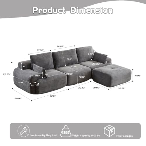 Image of L Shape Sofa Rearrangeable, Oversized Cloud Couch Sectional Modular Sofas with Detachable Ottoman, 4 Pillows and Deep Seat, Corduroy Boneless Couches Sets for Living Room, No Assembly Required, Grey