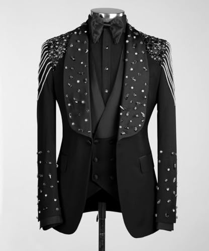 3 Piece Men's Tuxedo Suits Luxury Rhinestone Shawl Lapel Blazers Slim Jacket Vest Pants Sets for Wedding,Prom,Party2