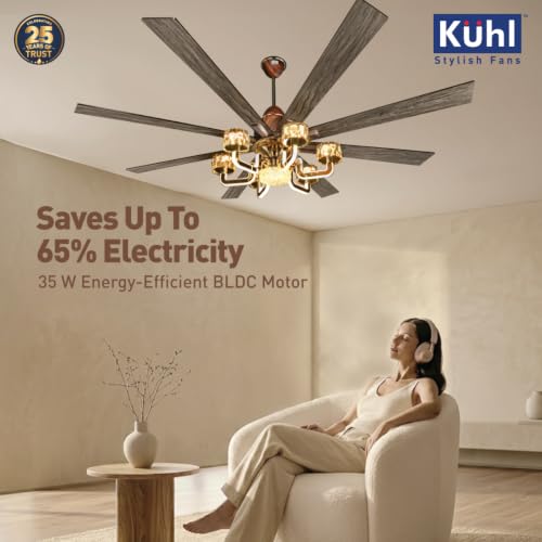 Image of KUHL Centauri 8 1800mm BLDC Ceiling Fan with Chandelier & Remote | 35W Power Saving (Upto 65%) | High Airflow & Low Noise | Smart IoT | Reverse Mode | Free Installation | 5Year Motor Warranty (Teak)