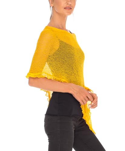 Image of SHU-SHI Women's Sheer Knit Poncho Shrug Lightweight Asymmetrical Ruffle Wrap Dressy Summer Shawl Cover Up Top