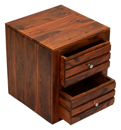 Image of Solid Sheesham Wood Bedside Table for Bedroom | Handmade Pure Wooden Bed Side Nightstand End Table with 2 Drawers Storage for Home & Bed Room | Rosewood, Dark Brown