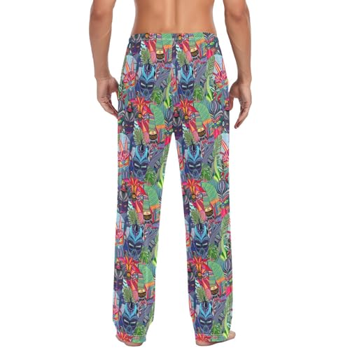 Tiki Masks Tropical Plants Intricate Men's Pajama Bottoms Custom Printing Men's Night Pants Drawstring S3