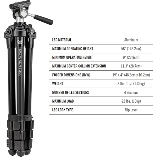 Vortex Optics Mountain Pass Tripod Kit - 2-Way Pan Head, 22 lb Max Load, Arca-Swiss Head Mount - Unlimited, Unconditional Warranty