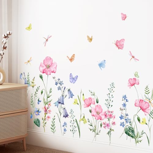 Watercolor Wildflower Wall Stickers Colorful Garden Flower Grass Butterflies Wall Decals for Girls Bedroom Living Room Home Office Wall Decor - Image 2