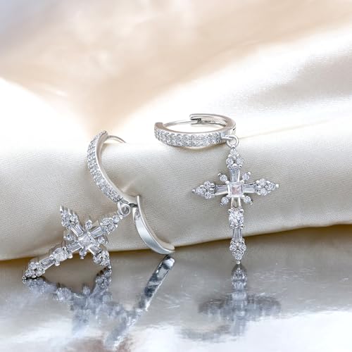 Trendy Sterling Silver Huggie Hoop Dangle Pendant Cross Earrings for Women Dainty Cartilage Charms White Gold Plated Hypoallergenic Jewelry Birthday Gift for Women4