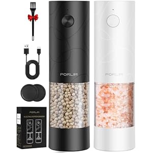 FORLIM Electric Salt and Pepper Grinder Set, USB Rechargeable, Automatic Salt Pepper Mill Grinder with Dust Cover, One-Button Control, Adjustable Coarseness, White LED Light (2 Packs, Black&White)