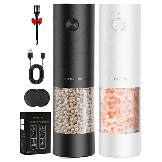 FORLIM Electric Salt and Pepper Grinder Set, USB Rechargeable, Automatic Salt Pepper Mill Grinder with Dust Cover, One-Button Control, Adjustable Coarseness, White LED Light (2 Packs, Black&White)