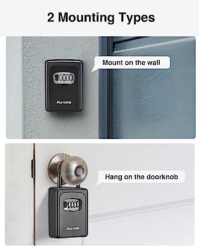 Image of Puroma Large Key Lock Box, Resettable Combination Lockbox, Portable Wall Mount Waterproof Security Safe for Outside Outdoor Home Office Door Handle House Key, Pure Black (1 Pack)