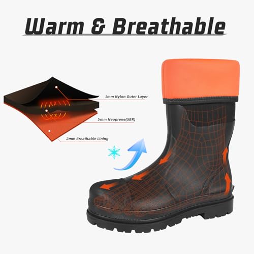 Rubber Work Boots with Steel Shank, Men's Waterproof Rain Boots Anti-slip, 5mm Neoprene Insulated Outdoor Hunting Boots, Durable All Season Knee Boots for Farming Construction Gardening Size 6-144