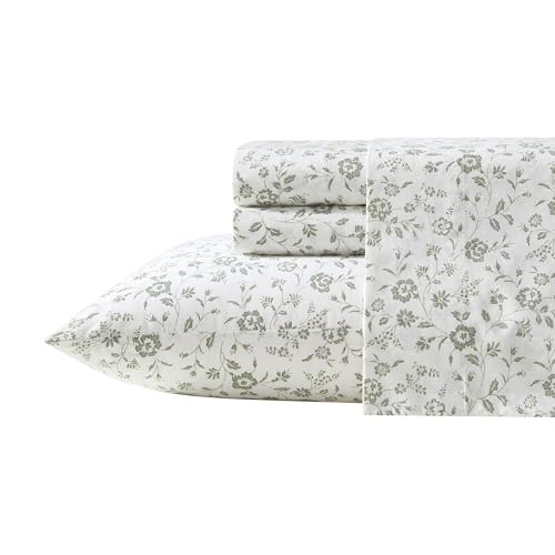 Image of Laura Ashley - Full Size Sheet Set, Crisp & Lightweight Cotton Percale Bedding with Fitted Sheet and Pillowcases, Floral Room Decor, Deep Pocket, College Dorm Room Essentials (Miranda Green)
