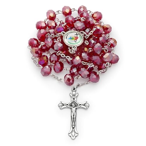 Rosary with Red Crystal Beads, Jubilee 2025 Logo, Miraculous Medal, Made in Italy, Blessed by the Pope