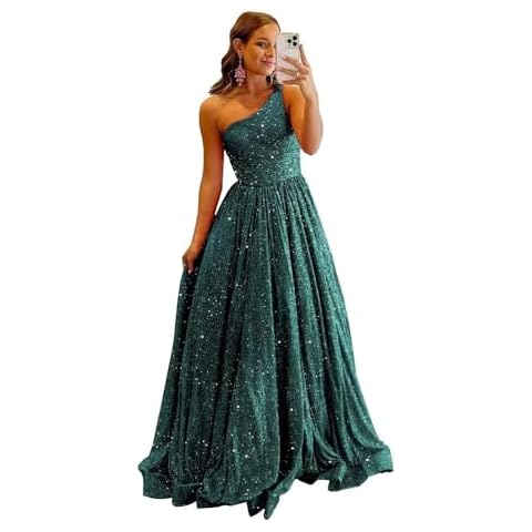 WilFiks One Shoulder Sequin Prom Dresses 2024 Long Ball Gowns for Women Formal A Line Sparkly Evening Party Dress with Pockets Emerald Green US4 Cover
