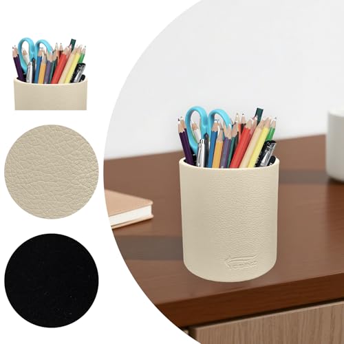 Image of Leather Pen Holder, Beige Pencil Holder, Desktop Elegant Pen Holder for Desk, Stationery Organizer for School Office Home Dorm