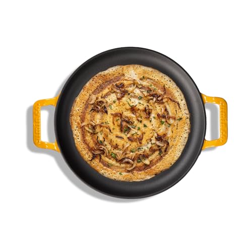 Image of CUMIN CO. Cast Iron Non Stick Dosa Tawa 30 cm | Induction Base Cookware | 10 Year Warranty | Chemical Free Coating | Non Toxic Tawa for Dosa /Chilla | Free Accessories | No Seasoning Needed | Mustard