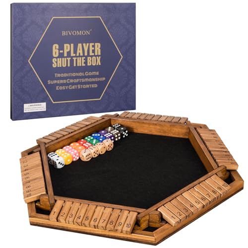 BIVOMON 1-6 Players Shut The Box Dice Game, Wooden Board Table Math Game for Kids Adult with 24 Dice, Close The Box Game for Family, Party, Christmas, Birthday