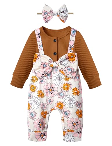 Image of CRISONE Newborn Baby Girl Clothes Romper Long Sleeve Button Ribbed Jumpsuit + Headband Cute Infant Girl Outfit