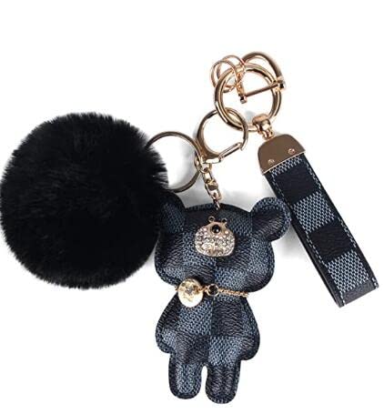 Key Chain, Pom Pom Keychain with diamond bear and Artificial Fur Ball for Car keychain, Backpack Accessories