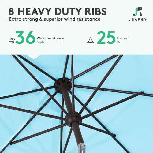 Image of JEAREY 9FT Patio Umbrellas Outdoor Table Umbrella with Push Button Tilt and Crank, Market Umbrella 8 Sturdy Ribs UV Protection Waterproof for Garden, Deck, Backyard, Pool (Sky Blue)