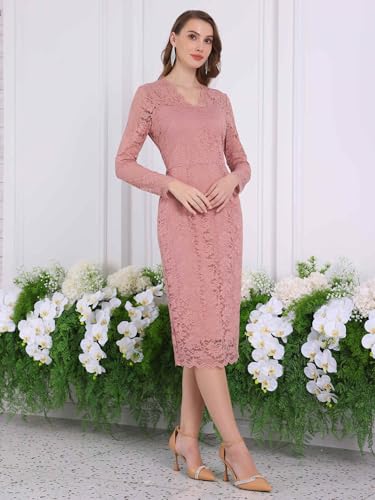 Image of Hobemty Women's Floral Lace Dress V Neck Long Sleeve Cocktail Wedding Bodycon Pencil Dresses