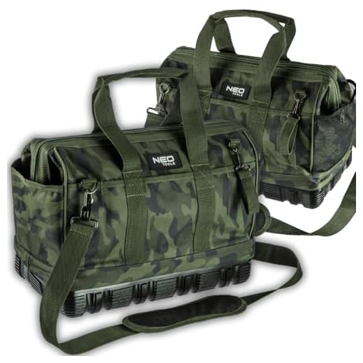 Neo Tools Werkzeugkoffer CAMO (leer) für Profi-Handwerker, Camouflage-Optik, 40 x 22 x 33 cm, 100% Nylon 600D, wasserdichter Boden, regulierbarer Schultergurt mit Polsterung, 2 Henkel, Außentaschen