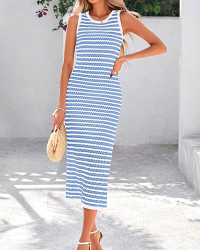 Image of Zenlonr Women's Sleeveless Summer Dresses 2025 Casual Crochet Knit Sundress Striped Long Tank Dress Beach Slip Dress