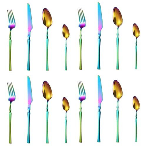 Image of aDai Rainbow Silverware Set | Satin Finish 16-Piece Korean Vintage Style Flatware Set | Dishwasher Safe Stainless Steel Cutlery for Home, Restaurant & Gifting