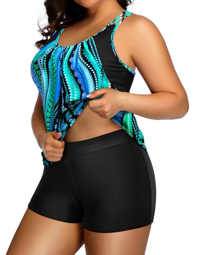 Image of Holipick Plus Size Tankini Swimsuit for Women Two Piece Tummy Control Bathing Suit Blouson Racerback Tankini Top with Shorts