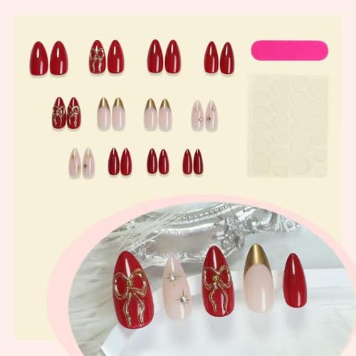 Image of Bow Star Press on Nails Red Fake Nails with Rhinestone Design Gold French Tip Glue on nails Medium Almond False Nails Glossy Artificial Acrylic Full Cover Stick on Nails for Women Manicure 24Pcs