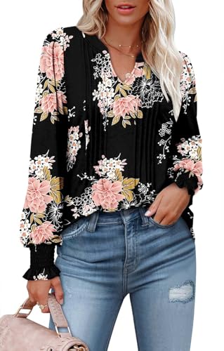 BETTE BOUTIK Long Sleeve Shirts for Women Fall Tops Dressy Blouses Pleated V Neck Tunic Tops for Leggings S-3XL