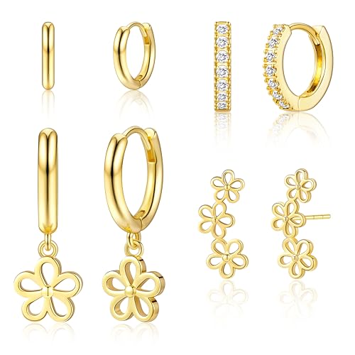 Image of Small Gold Huggie Hoop Earrings Set for Women Men Hypoallergenic 14K Plated Stack Cartilage Earrings, Sterling Silver Multiple Piercing Lightweight Mini Thin Cute Dainty Trendy Jewelry Gifts for Women