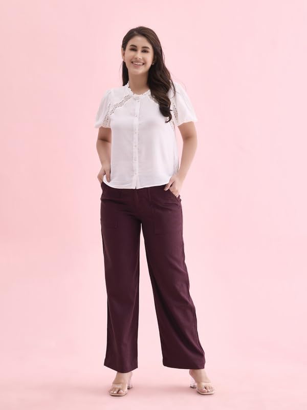 Image of GO COLORS Solid Linen Cargo Pants for Women | Full Length, Mid Rise, Side Pockets