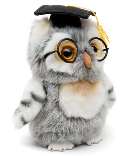 Uni-Toys - Eule (grau-weiß) mit Doktorhut und Brille - 18 cm (Höhe) - Plüsch-Vogel - Plüschtier, Kuscheltier