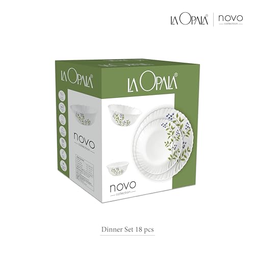 Image of La Opala Novo Collection Opal Glass Crockery | for Family of 6 | Dinner Set 18 pcs Aqua Spray | Plates & Bowls for Dining | Microwave Safe | 100% Vegetarian | Extra Strong | Light & White