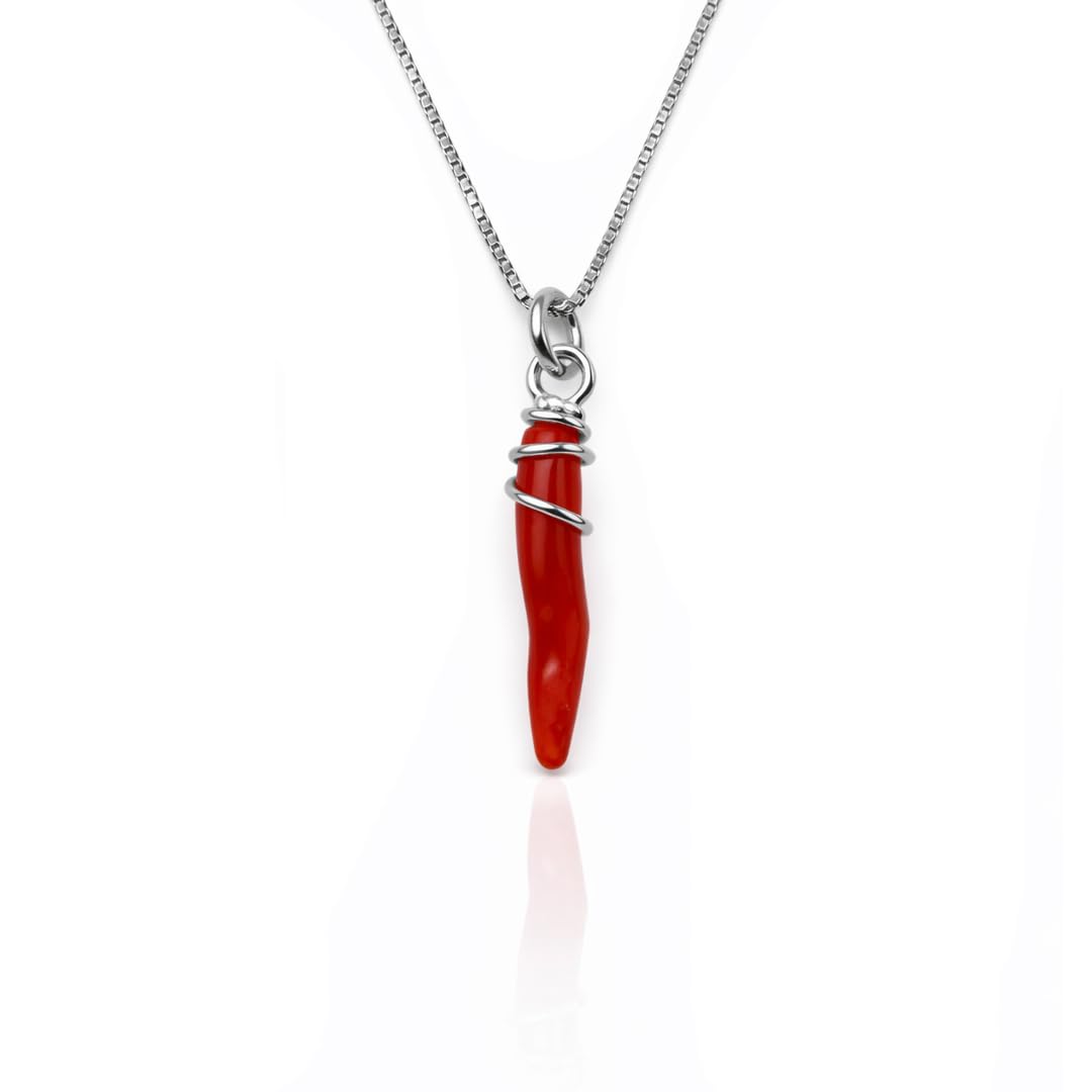 Collana con ciondolo cornetto in corallo rosso naturale e giro di argento 925 rodiato fatto a mano catenina veneziana 40/45/50 cm a scelta gioiello artigianale unisex uomo donna