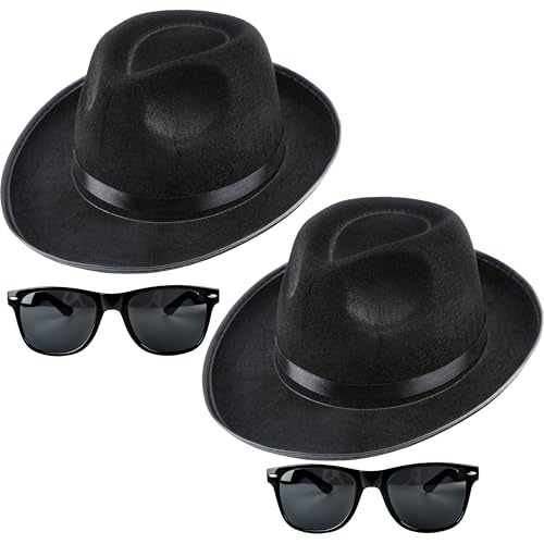 SGBETTER 2 Pcs Black Cowboy Hats with 2 Pcs Glasses Western Cowgirl Hat Fedora Gangster Hat Black Party Hat Sunglasses for Women Men Costume Accessory