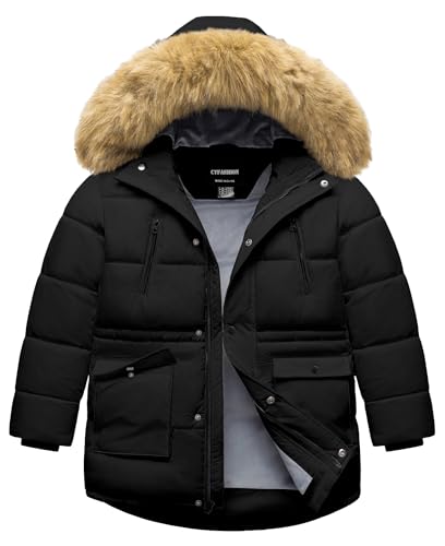 Image of Boy's Winter Coat Waterproof Kids Puffer Jacket Thicken Parka Fleece Lined Bubble Ski Snow Outerwear with Fur Hood