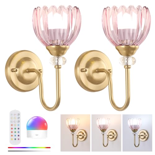 Image of Set of 2 Vintage Battery Operated Wall Sconce, Rechargeable Wall Lamp with 5000mAh Battery & Remote Control, Dimmable Wall Lights with tulip shade for Bedroom Bathroom Living Room, (Tulip Pink Up)