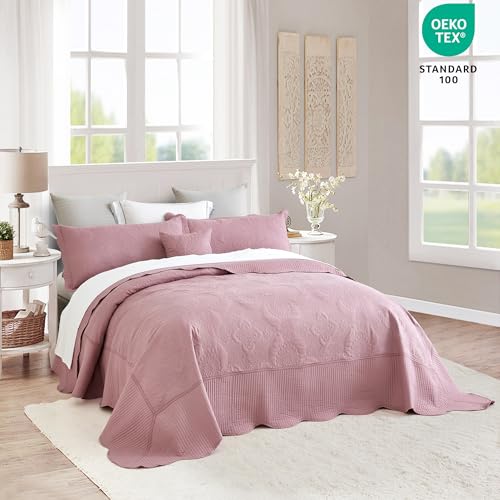Image of HZ & HY Oversized King Bedspreads, Stitched Damask, Mauve Shadows | Generous Coverage, 5-Piece Quilt Set, Lightweight Reversible Coverlet, Scalloped Edge, King /Cal King