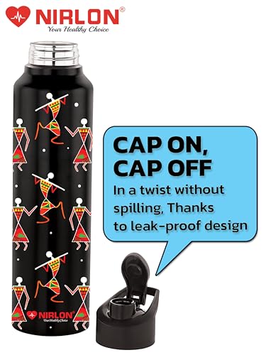 Image of NIRLON Classic Flip UV Printed Single Wall Stainless Steel Sipper Cap Water Bottle 1000ml |Fridge Water Bottle| Office Bottle|Gym Bottle|School Bottle|Treking Bottle|Travel Bottle (Warli Art Black)