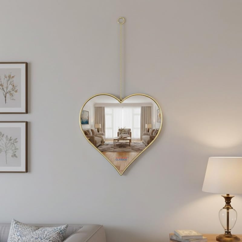 Glassco Wall Mirror for Bedroom Decorative Hanging Heart Shaped Mirror for Livingroom, Hallway, Perfect for Home Décor and Gift with Gold Frame & Hanging Chain(25cm*24.5cm)-image-45