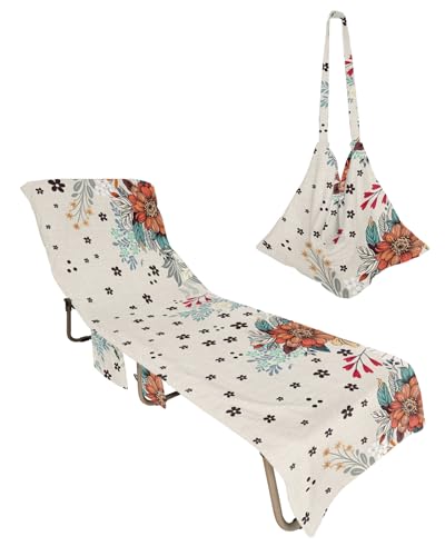 Spring Floral Beach Lounge Chair Towel Cover, Soft Chaise Lounge Towel with Side Pockets Patio Pool Chairs Cover for Beach/Pool Sunbathing 29x85 Boho Ethnic Summer Botanical Flowers Rustic