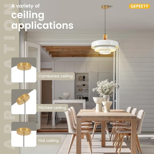 Image of Scandinavian White Adjustable Pendant Light, Wood Accent Minimalist Hanging Lamp for Modern Apartment, Kitchen Island, Dining Room, Breakfast Nook