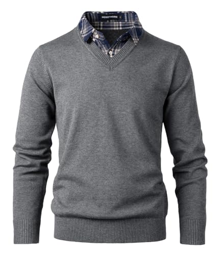 Herothorn Pull-Over en Tricot pour Homme Pull-Over Tendance Doux au Toucher Sweat-Shirt à col en V avec col Chemise à Carreaux ou Blanc