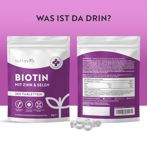 Biotin + Selen + Zink Tabletten für Haut, Haare & Nägel - 365 vegane Tabletten für 1 Jahr - Haar Vitamine für Haarwachstum - Biotin Zink Selen Hochdosiert - Laborgeprüft - Nutravita