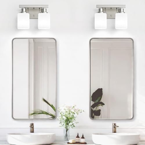 Image of 2 Light Brushed Nickel Vanity Light,Brushed Nickel Vanity Lights for Bathroom,Bathroom Light Fixtures Over Mirror,Wall Sconces for Living Room,Bedroom,Hallway(E26 Base)