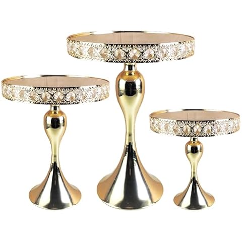 3pcs Gold Round Mirror Cake Stands Metal Pedestal Holder with Crystals, Party Cupcake Dessert Cheese Display Plates for Wedding Party Birthday Baby Shower Celebration Home Decor - 8", 10" and 12" Cover
