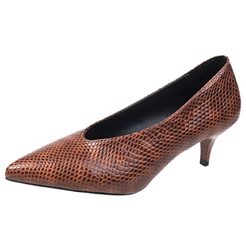 HuangTaiJi Qing Women's Formal PU Kitten Heeled Work Pumps, Snake Print Slip-on Fashion Mid Heels Pointed Toe Comfort Shoes